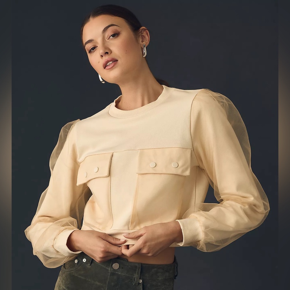 Anthropologie Utility Pocket Lace Cropped Pullover Cream Sz S